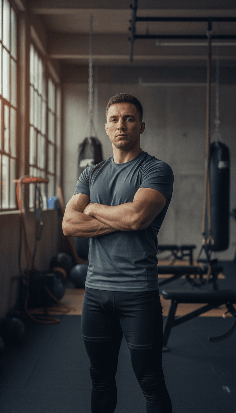 Professional mixed martial artist standing confidently in training gym with arms crossed