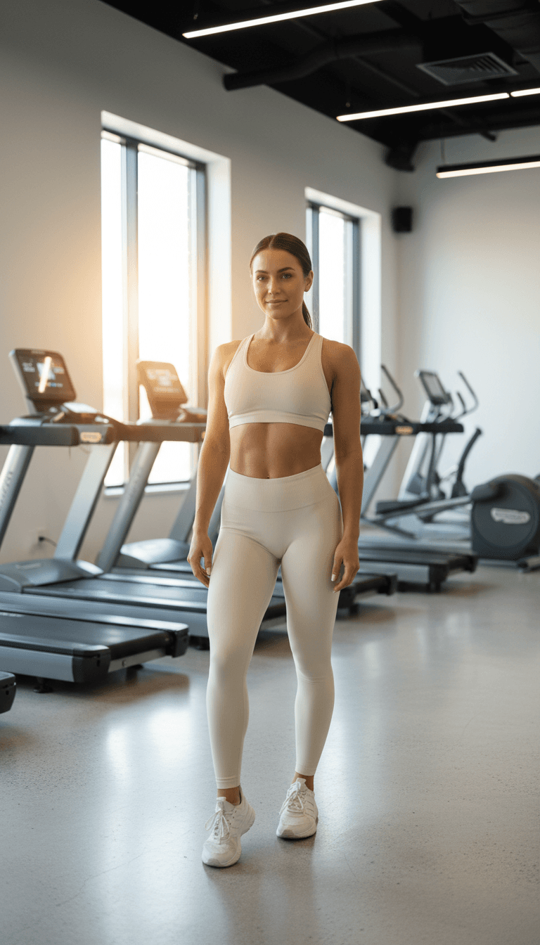 Fit woman standing confidently in modern gym cardio area with treadmill rows visible, embodying accessible fitness for all levels