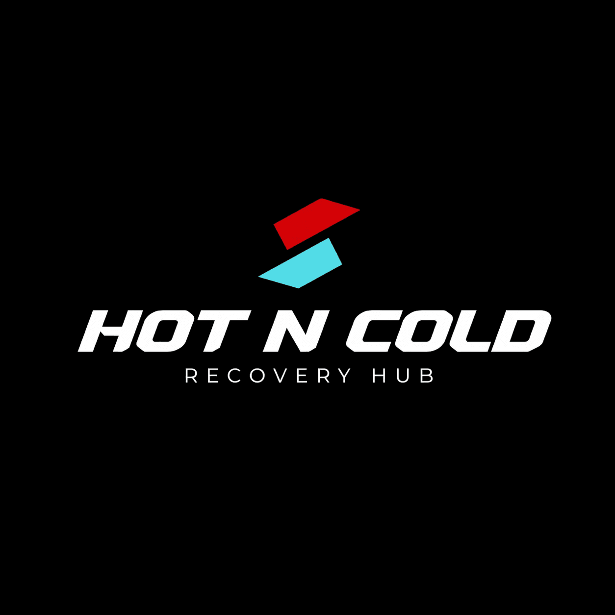 Hot N Cold Recovery Hub logo with red and blue geometric icon on black background.